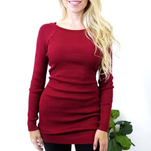 BESTOW Large Pullover Faux Decor Zipper Burgundy Rib Knit Sweater Top - Picture 1 of 8